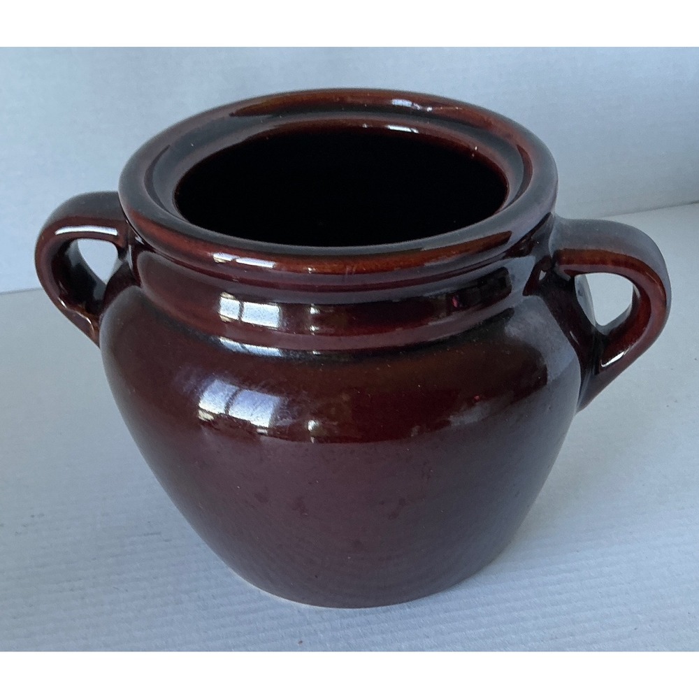 Vintage Ceramic Bean Pot Double Handle Brown Stoneware USA Crock Small